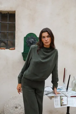 Draped Cupro Blouse Olive Green