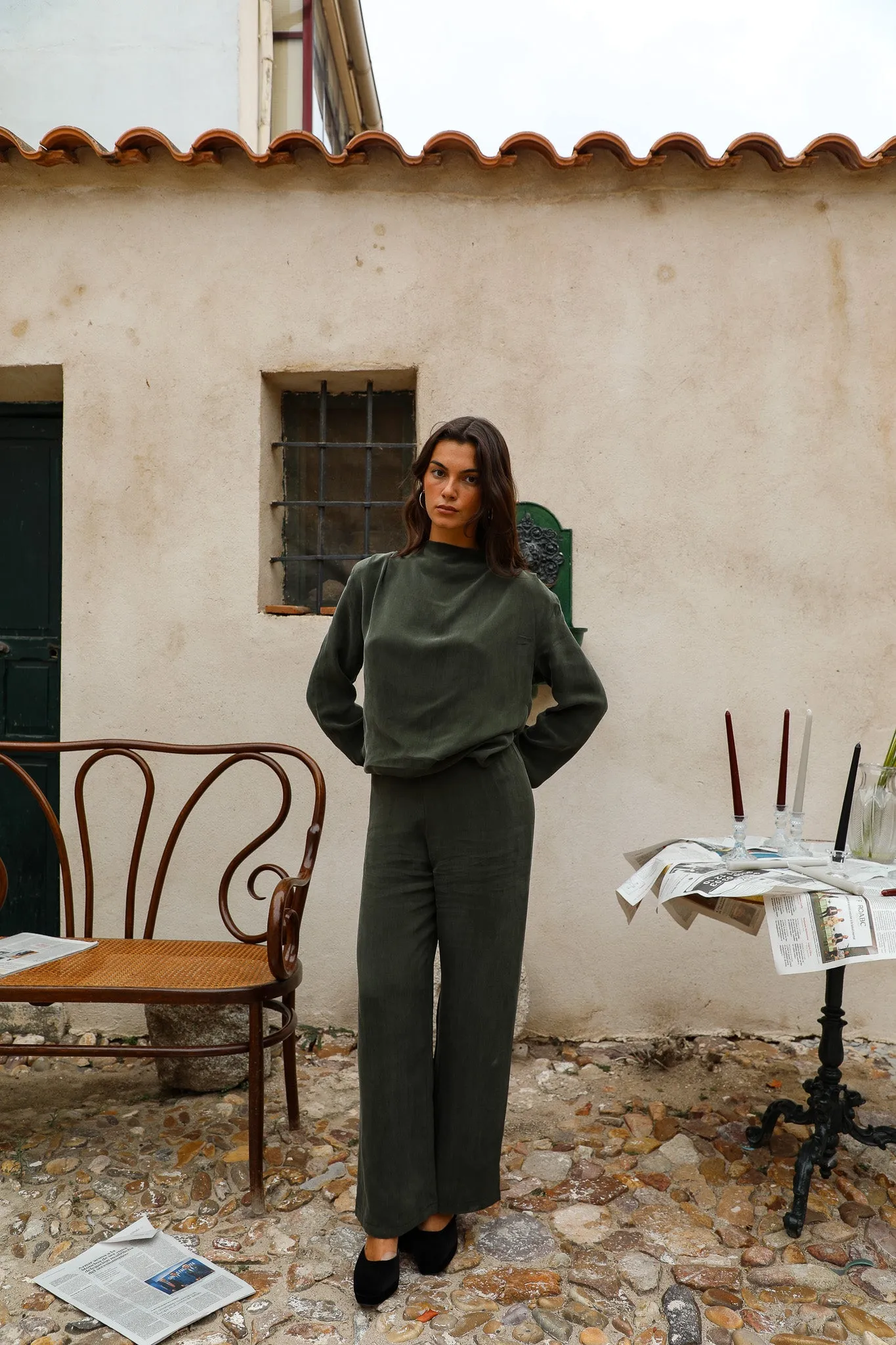 Draped Cupro Blouse Olive Green