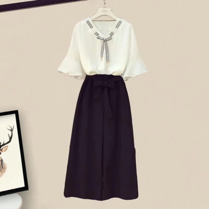 Elegant Bowknot Chiffon T-Shirt Lace Up Wide Leg Pants