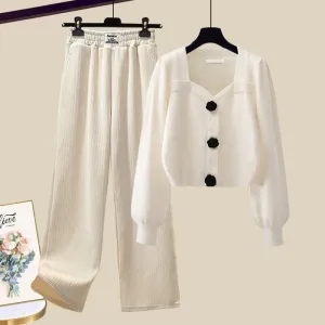 Elegant Sqaure Collar Knit Sweater Plush Casual Pants
