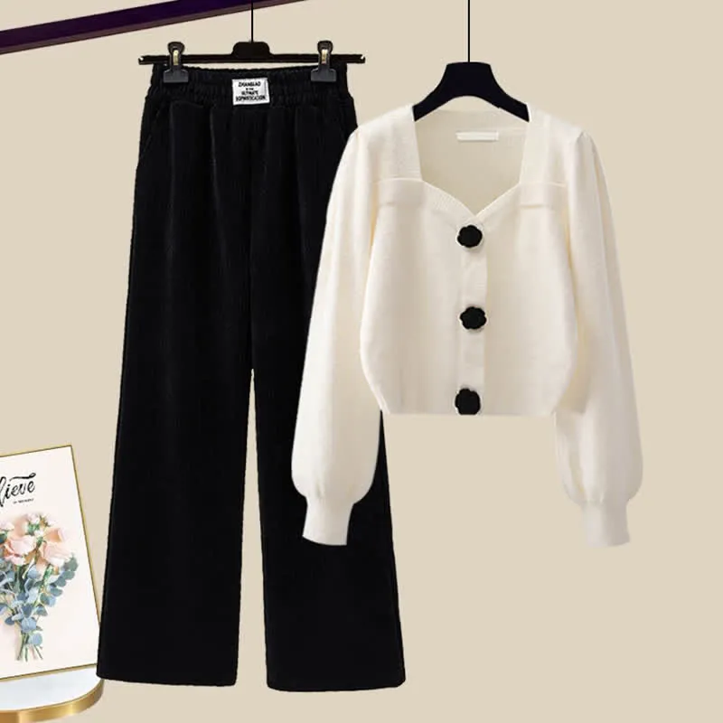 Elegant Sqaure Collar Knit Sweater Plush Casual Pants