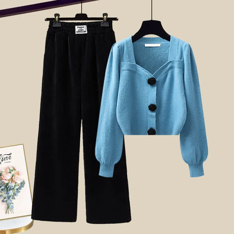Elegant Sqaure Collar Knit Sweater Plush Casual Pants