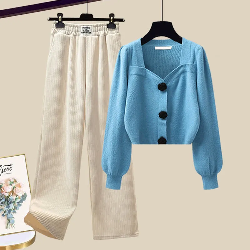 Elegant Sqaure Collar Knit Sweater Plush Casual Pants