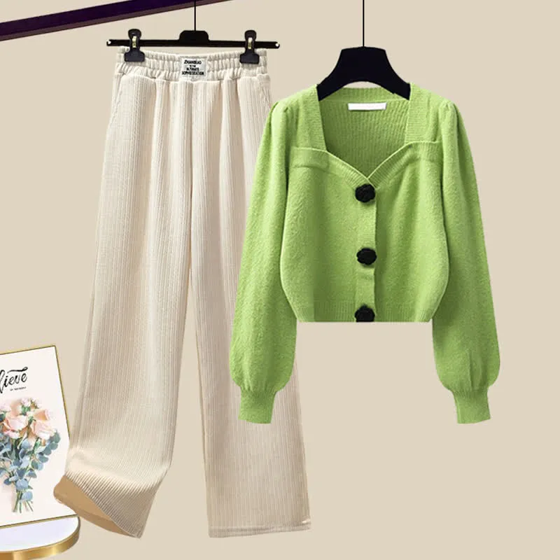 Elegant Sqaure Collar Knit Sweater Plush Casual Pants