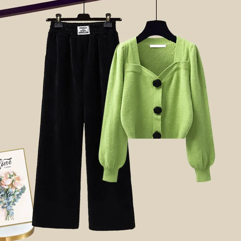 Elegant Sqaure Collar Knit Sweater Plush Casual Pants