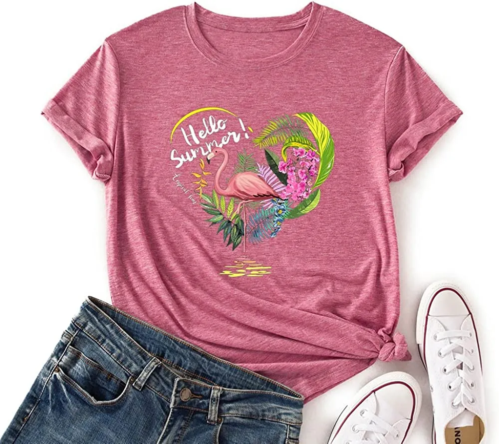 Flamingo Hello Summer T-Shirt Women Summer Favorite Season Tees Tops