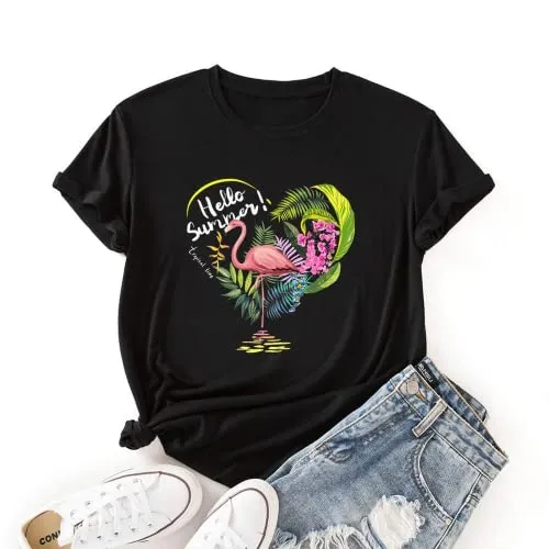 Flamingo Hello Summer T-Shirt Women Summer Favorite Season Tees Tops
