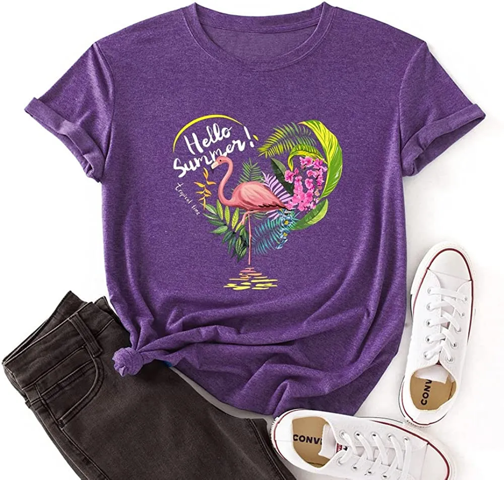Flamingo Hello Summer T-Shirt Women Summer Favorite Season Tees Tops
