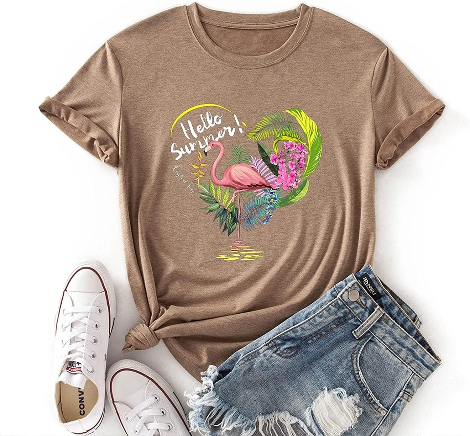 Flamingo Hello Summer T-Shirt Women Summer Favorite Season Tees Tops