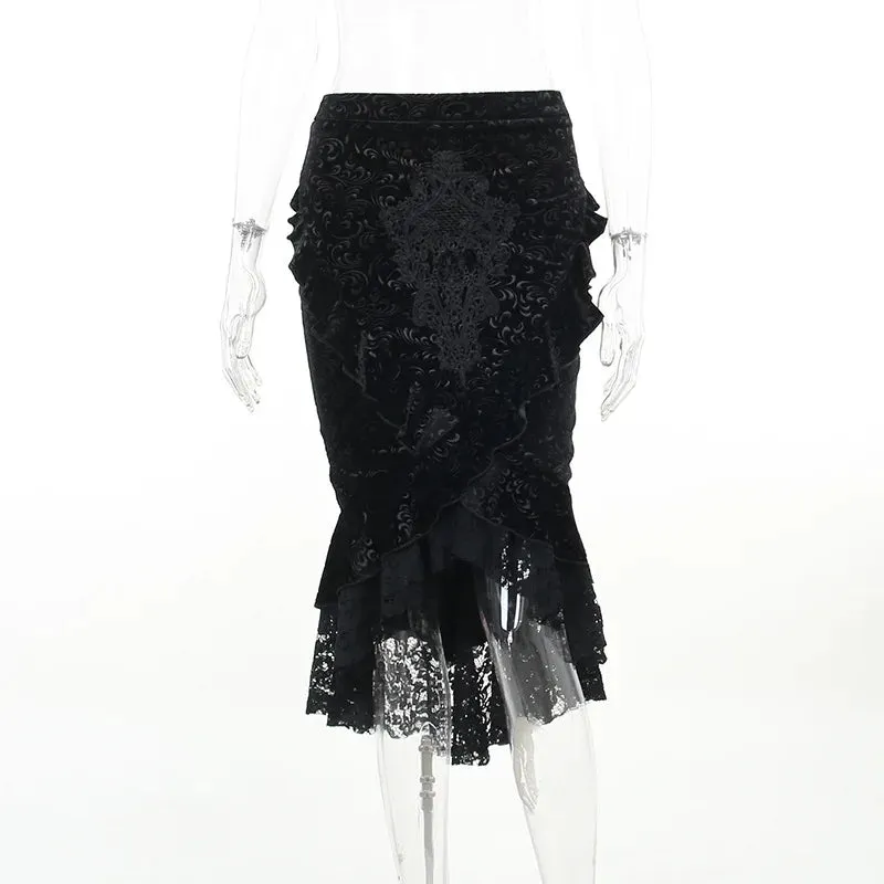 Goth Dark Vintage Mall Gothic Ruffles Mermaid Grunge Aesthetic Lace Hem Midi Women Elegant Skirt