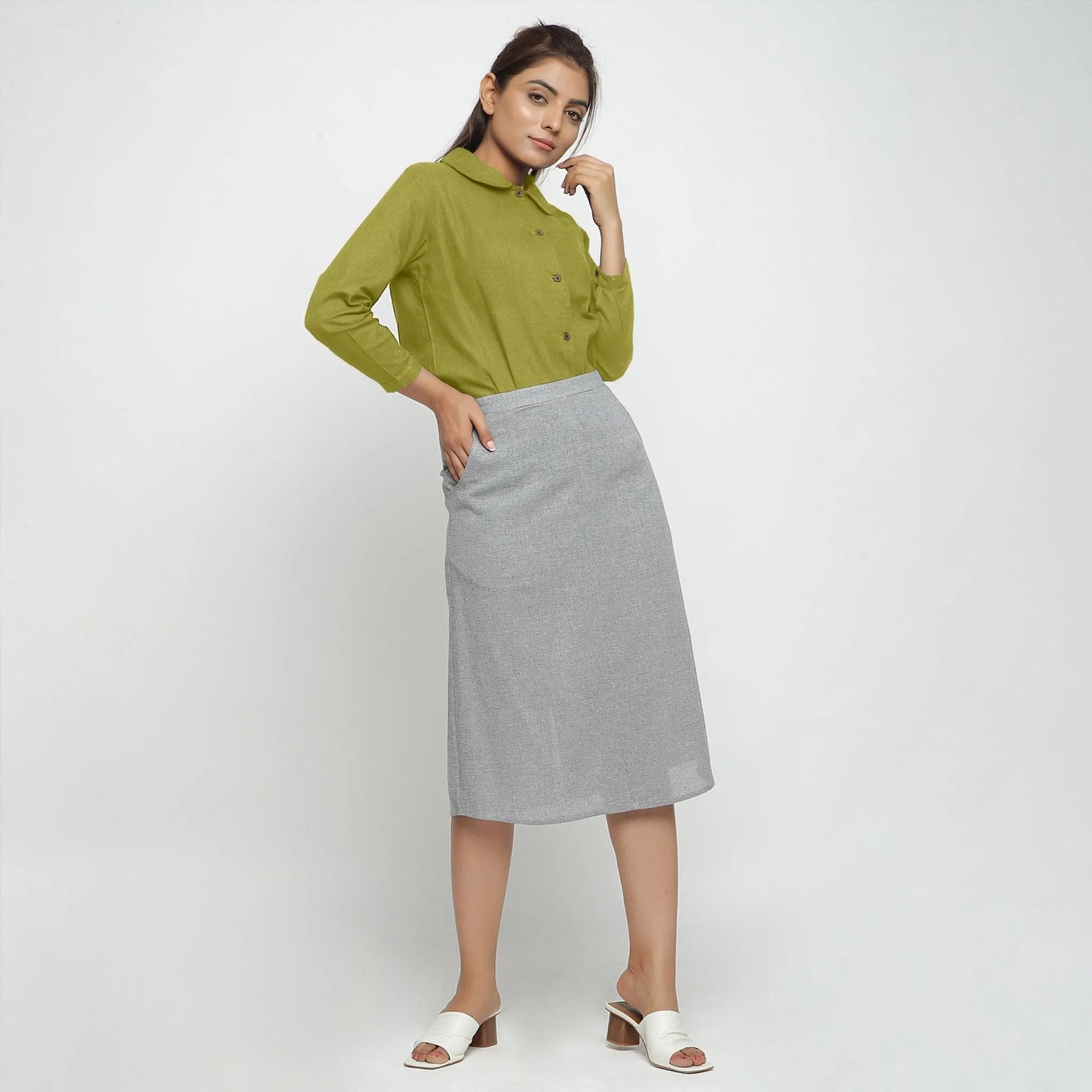 Green 100% Cotton Peter Pan Collar Button-Down Shirt