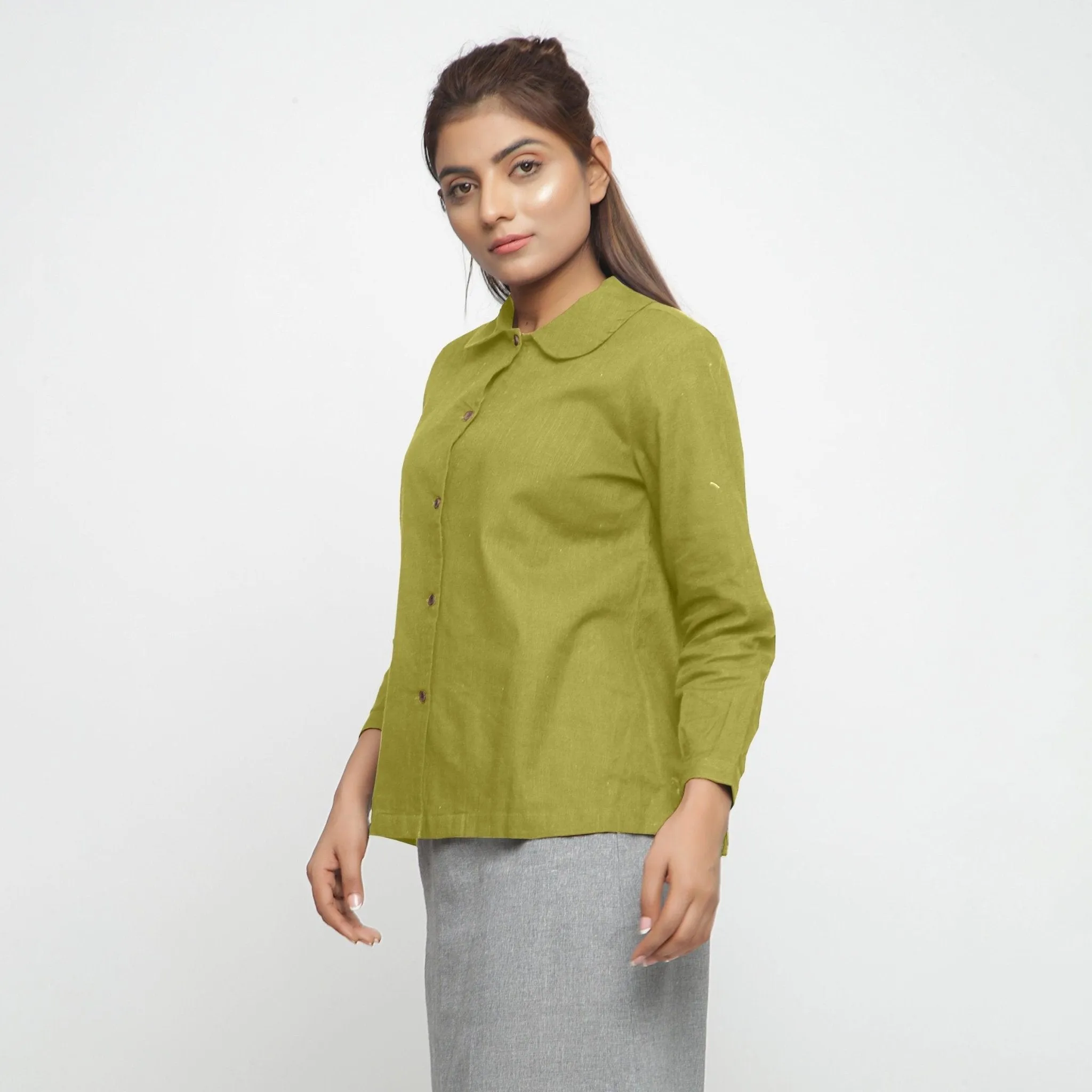 Green 100% Cotton Peter Pan Collar Button-Down Shirt