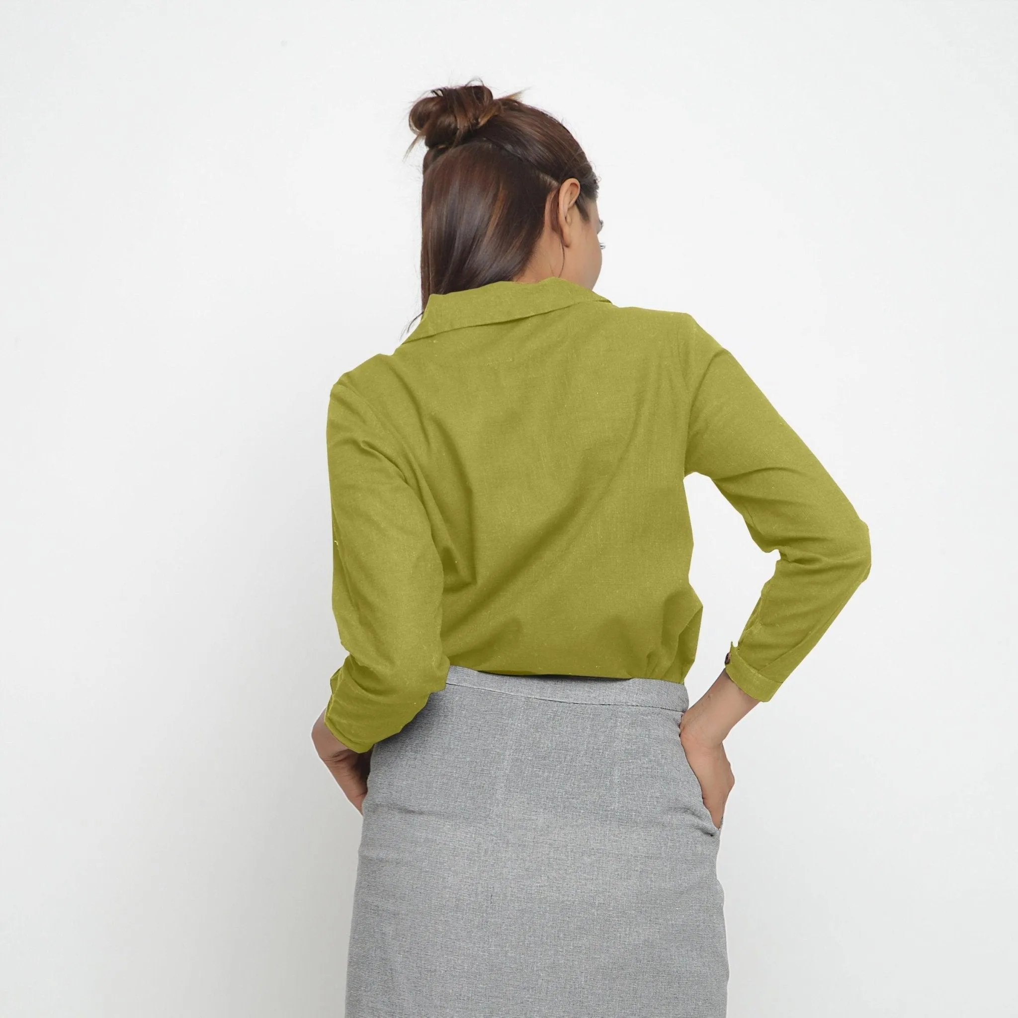 Green 100% Cotton Peter Pan Collar Button-Down Shirt