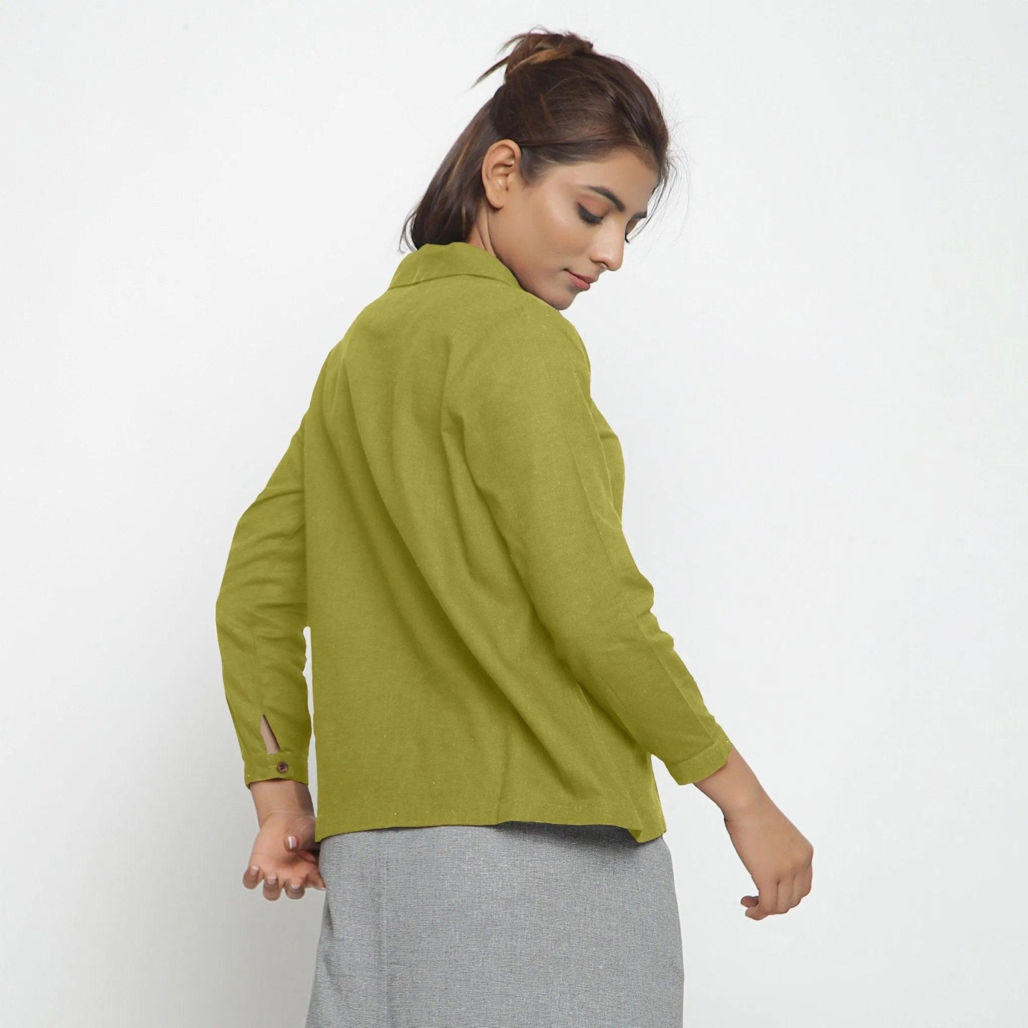 Green 100% Cotton Peter Pan Collar Button-Down Shirt