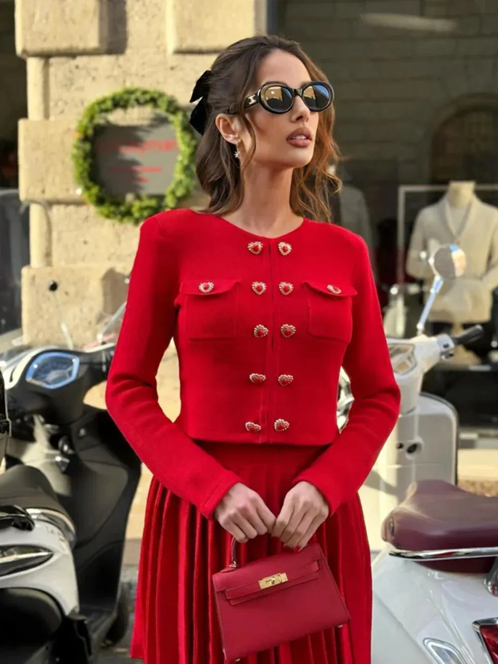 Heart-shaped Button Sweater and Skirts Suit