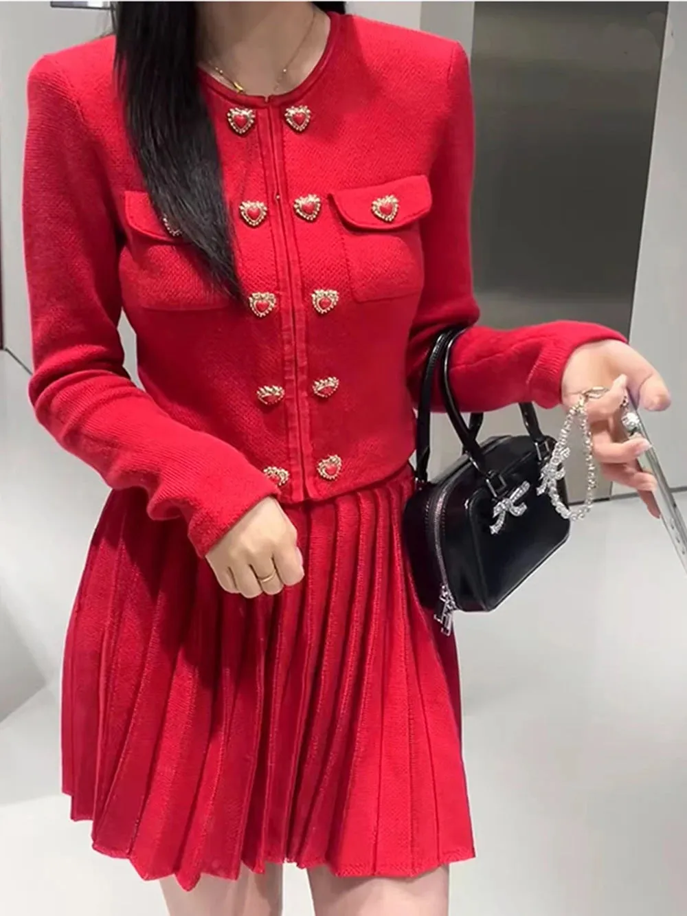 Heart-shaped Button Sweater and Skirts Suit