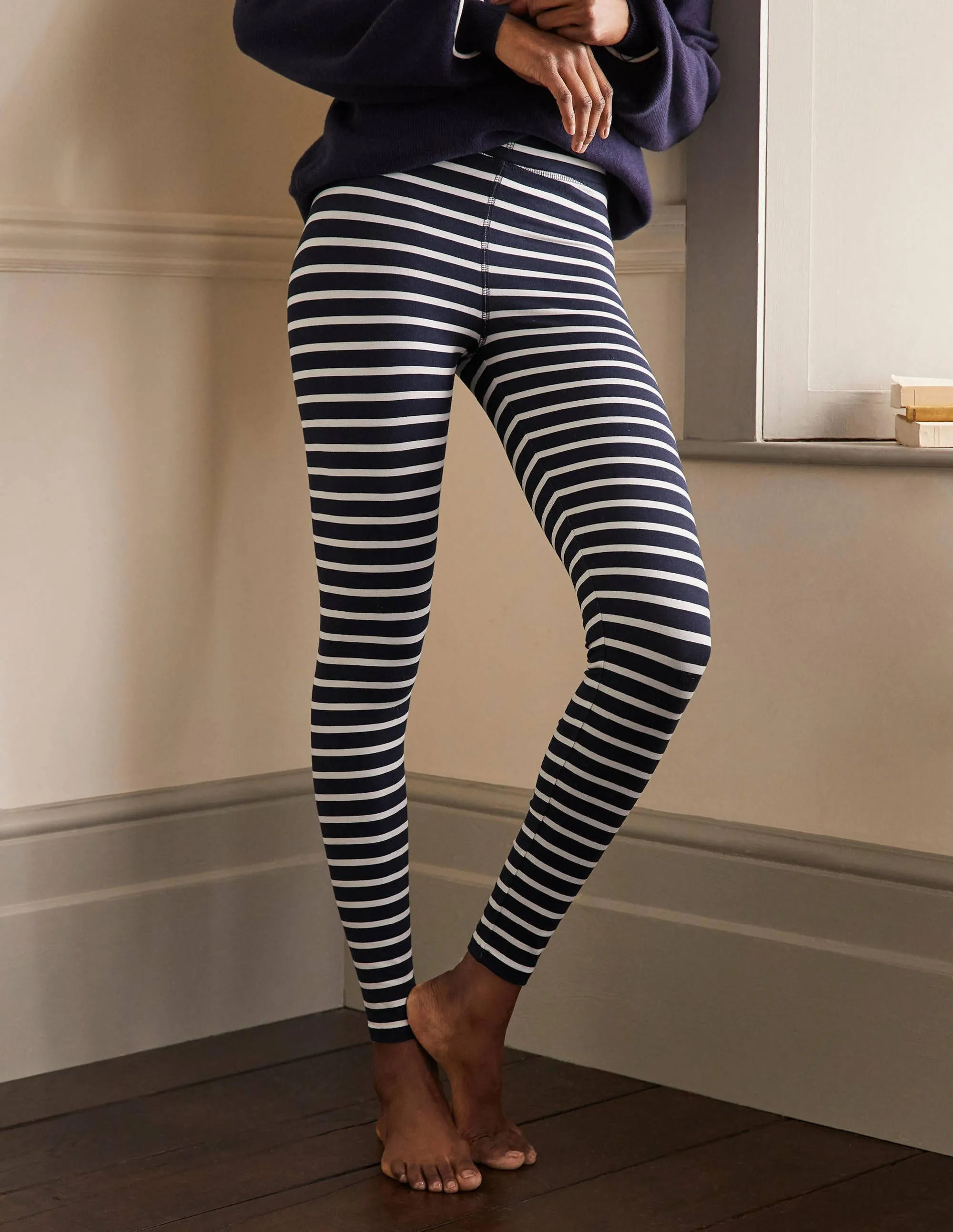 High Rise Jersey Leggings-Navy/Ivory