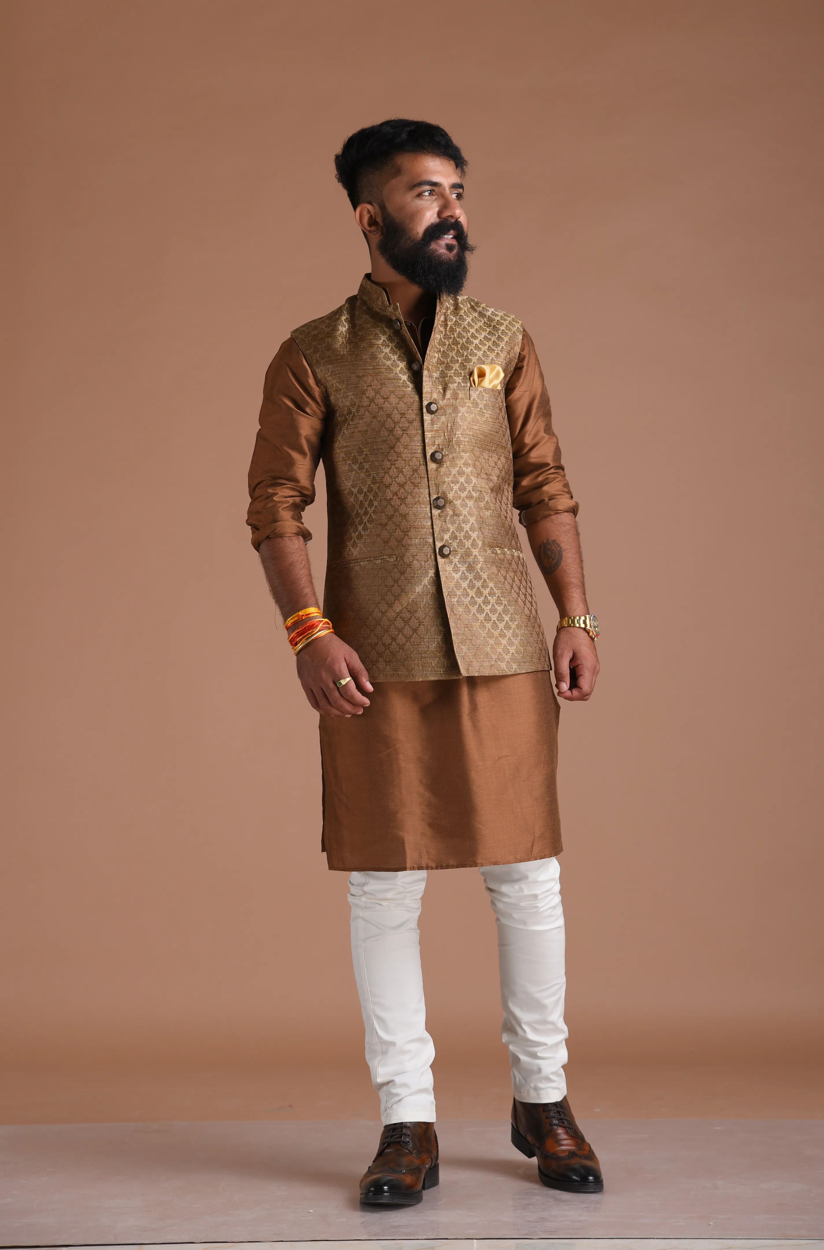 Jaipuri Booti Pattern Brown Half Jodhpuri Jacket with Kurta Pajama Set
