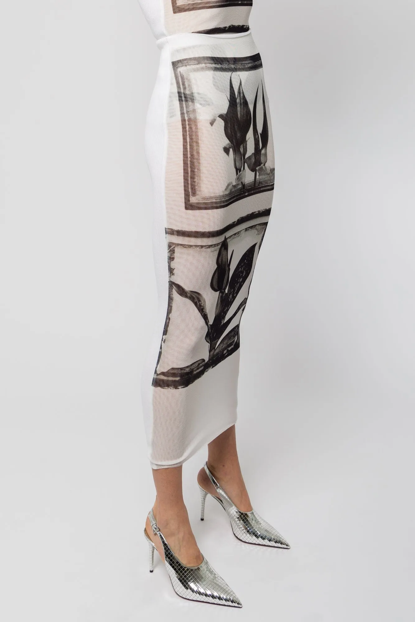 Jean Paul Gaultier Flowers Cadres Printed Mesh Long Skirt with Knitted Back SS25