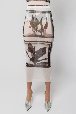 Jean Paul Gaultier Flowers Cadres Printed Mesh Long Skirt with Knitted Back SS25