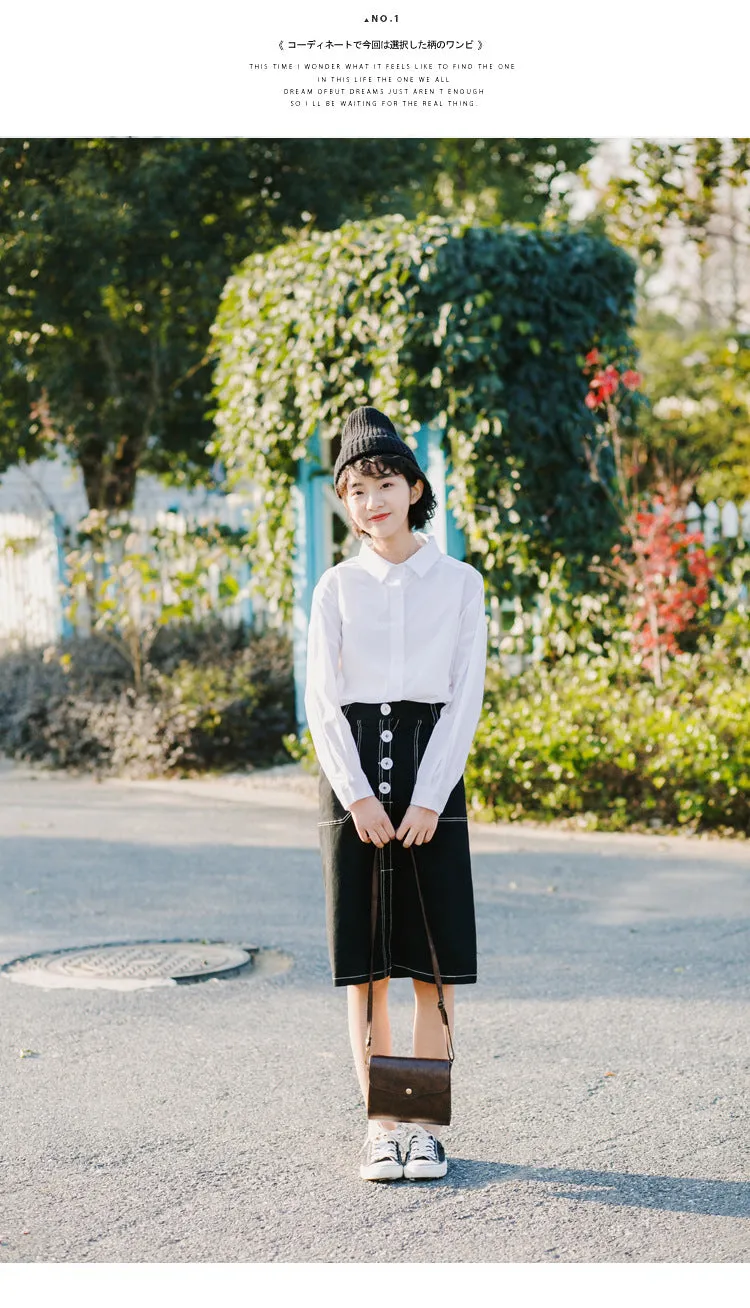 Korean Elegant High Waist Solid Colored Splitted Mid-Length Skirt