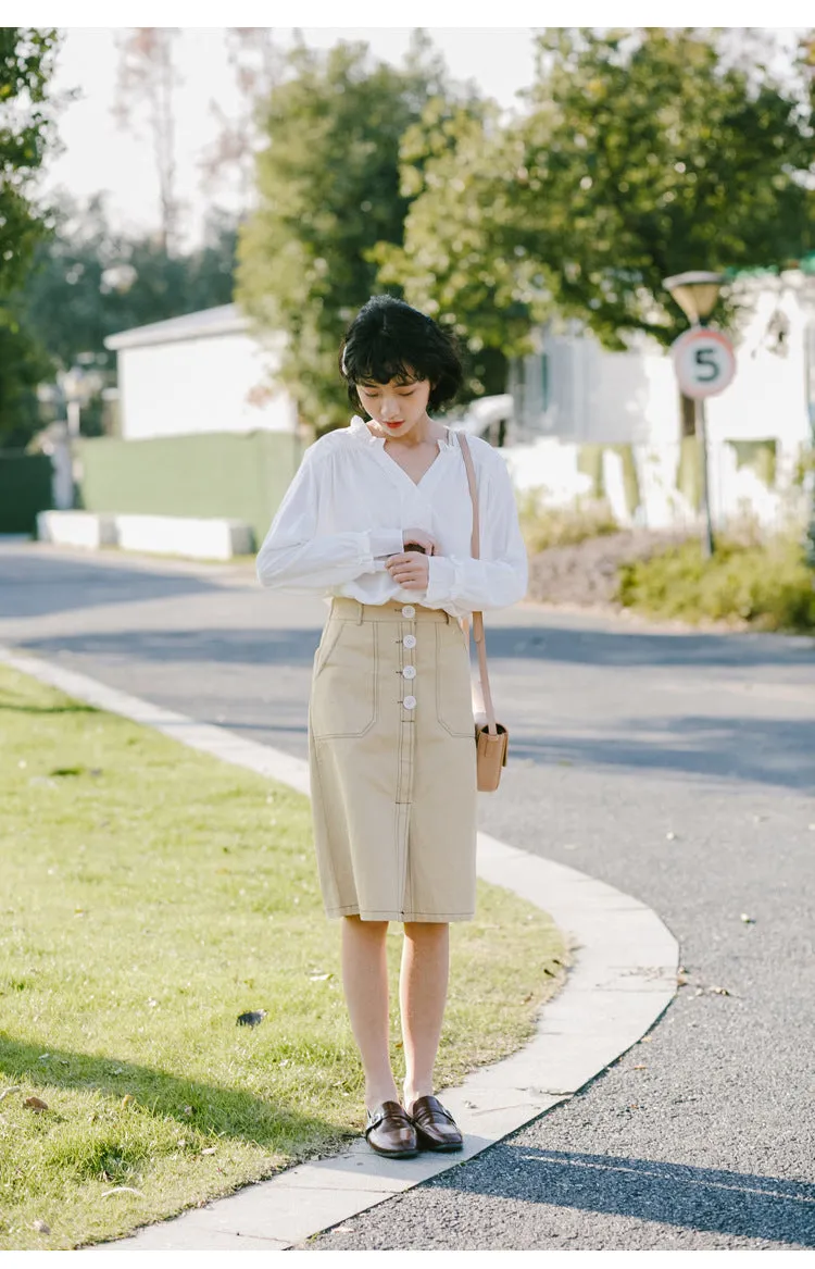 Korean Elegant High Waist Solid Colored Splitted Mid-Length Skirt