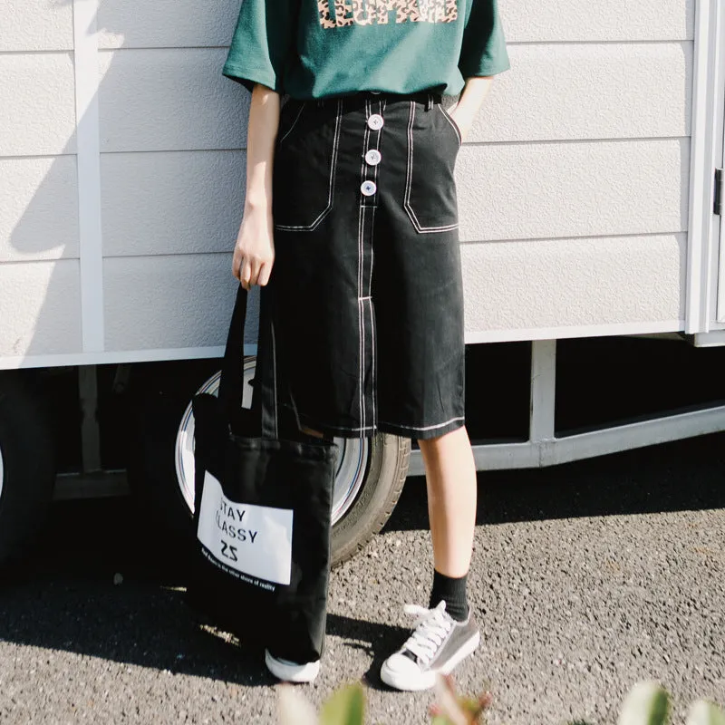 Korean Elegant High Waist Solid Colored Splitted Mid-Length Skirt