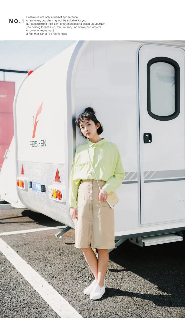 Korean Elegant High Waist Solid Colored Splitted Mid-Length Skirt