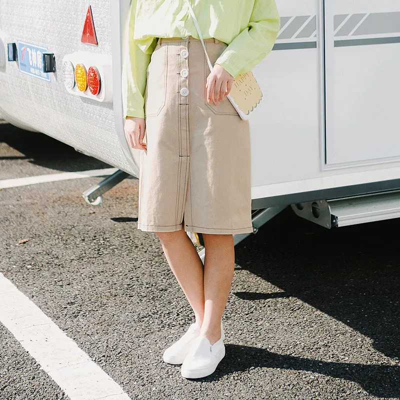 Korean Elegant High Waist Solid Colored Splitted Mid-Length Skirt