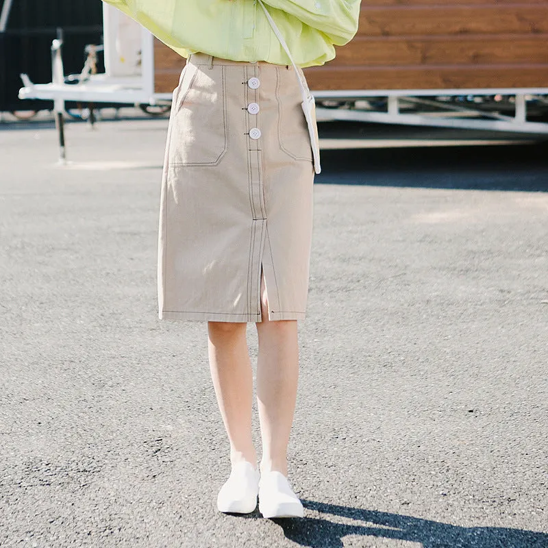 Korean Elegant High Waist Solid Colored Splitted Mid-Length Skirt