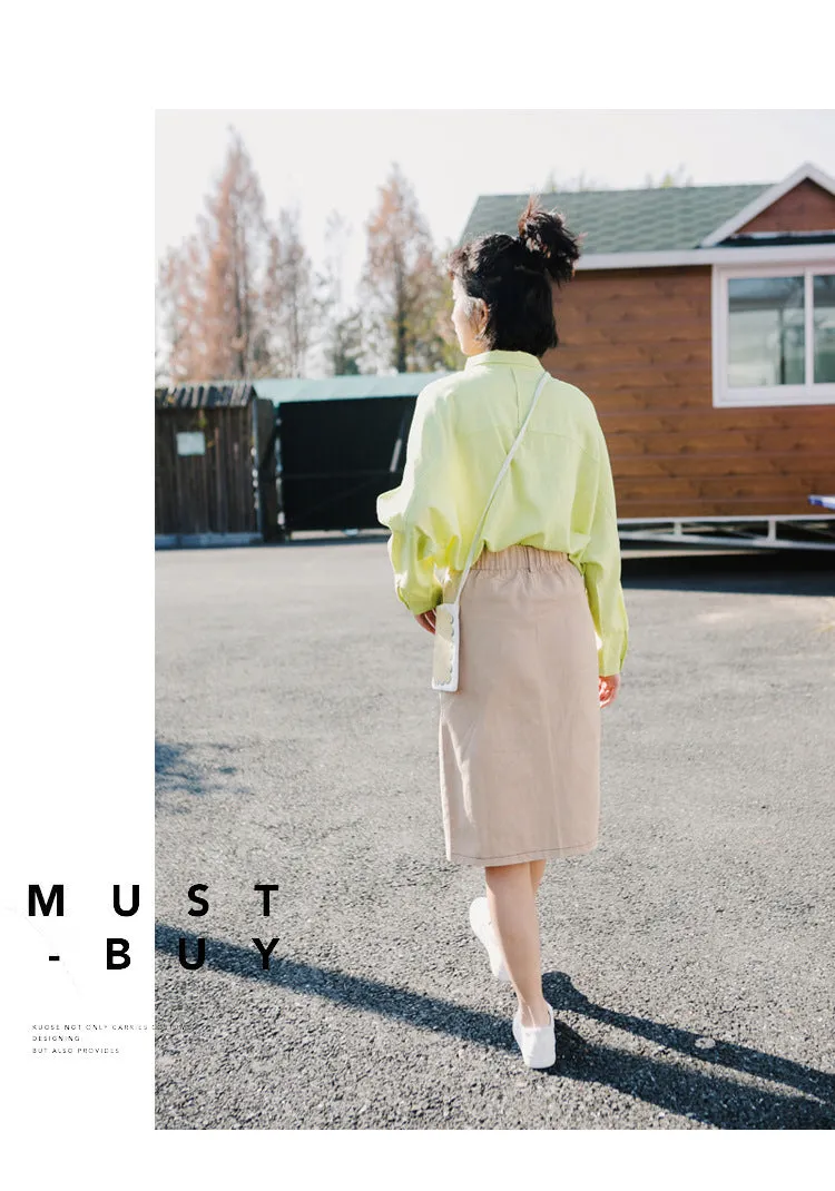 Korean Elegant High Waist Solid Colored Splitted Mid-Length Skirt