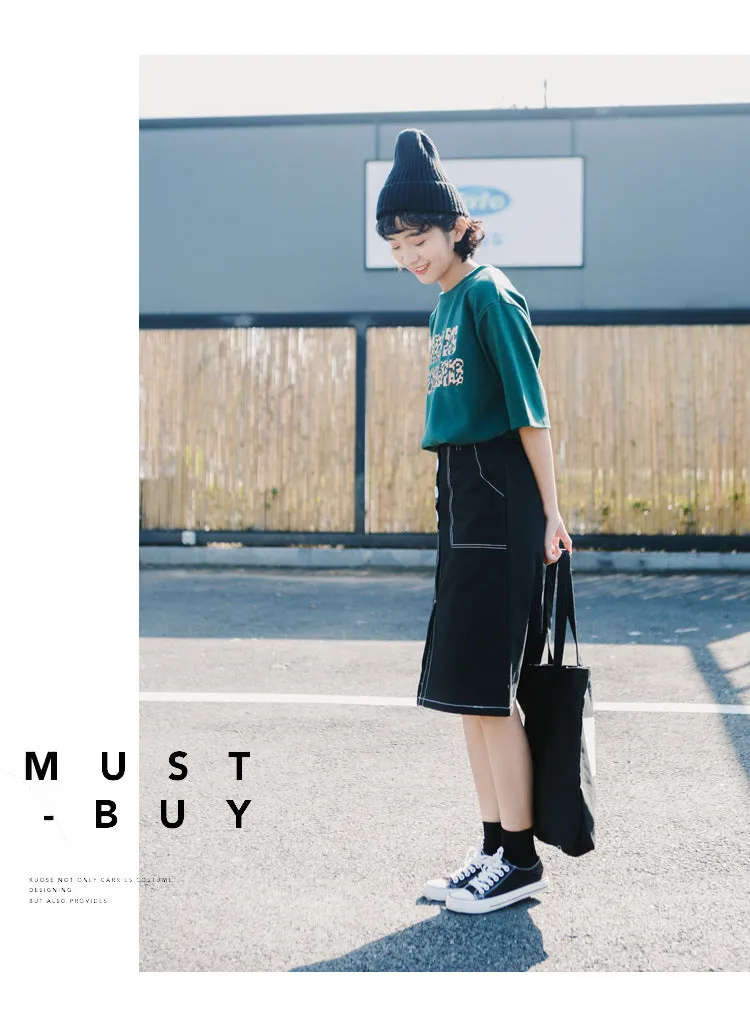 Korean Elegant High Waist Solid Colored Splitted Mid-Length Skirt