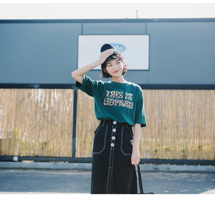 Korean Elegant High Waist Solid Colored Splitted Mid-Length Skirt