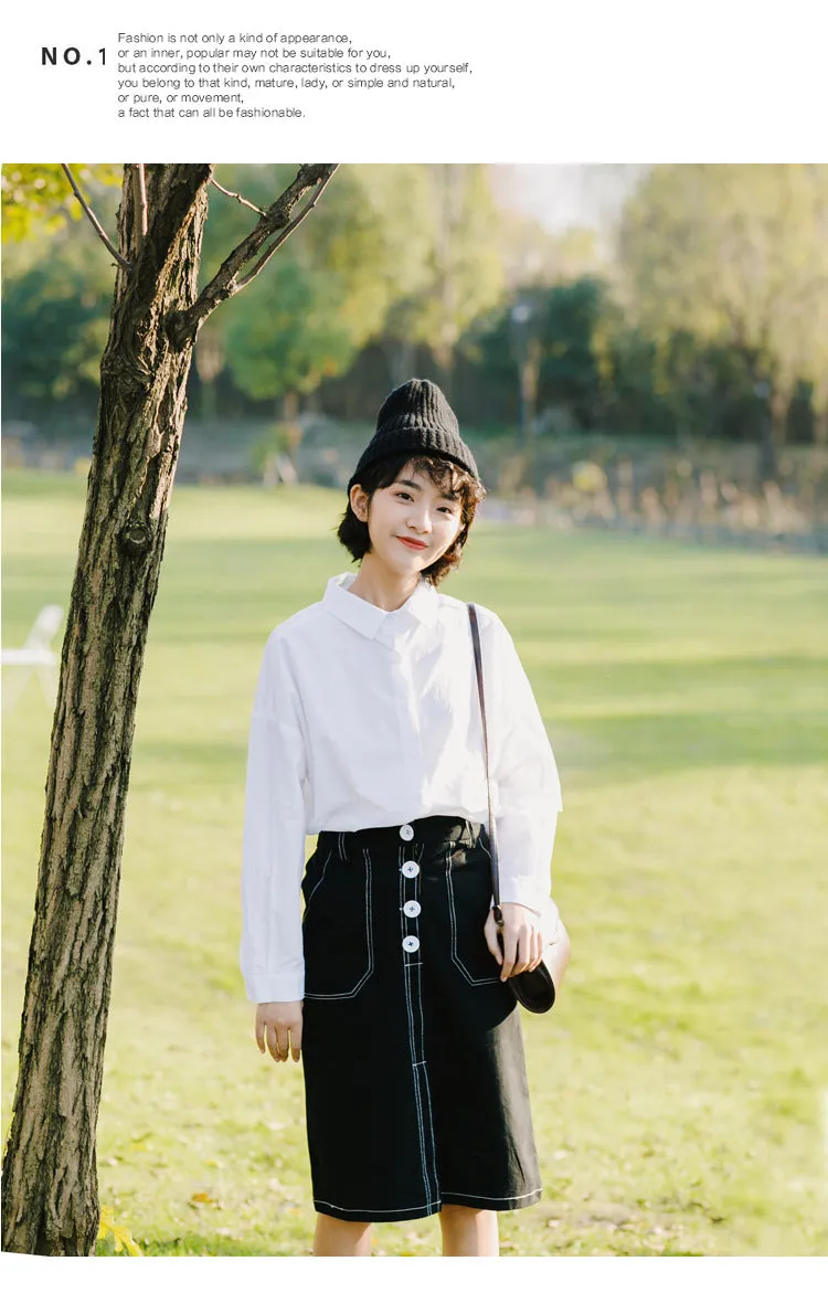 Korean Elegant High Waist Solid Colored Splitted Mid-Length Skirt