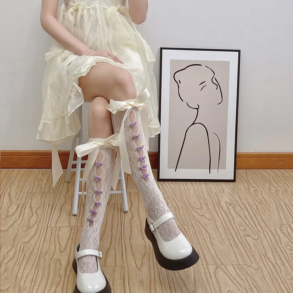 Lace Ribbon & Rosebud Stockings