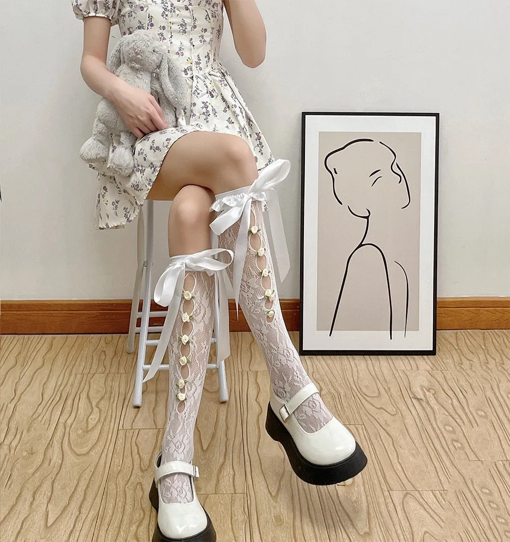 Lace Ribbon & Rosebud Stockings