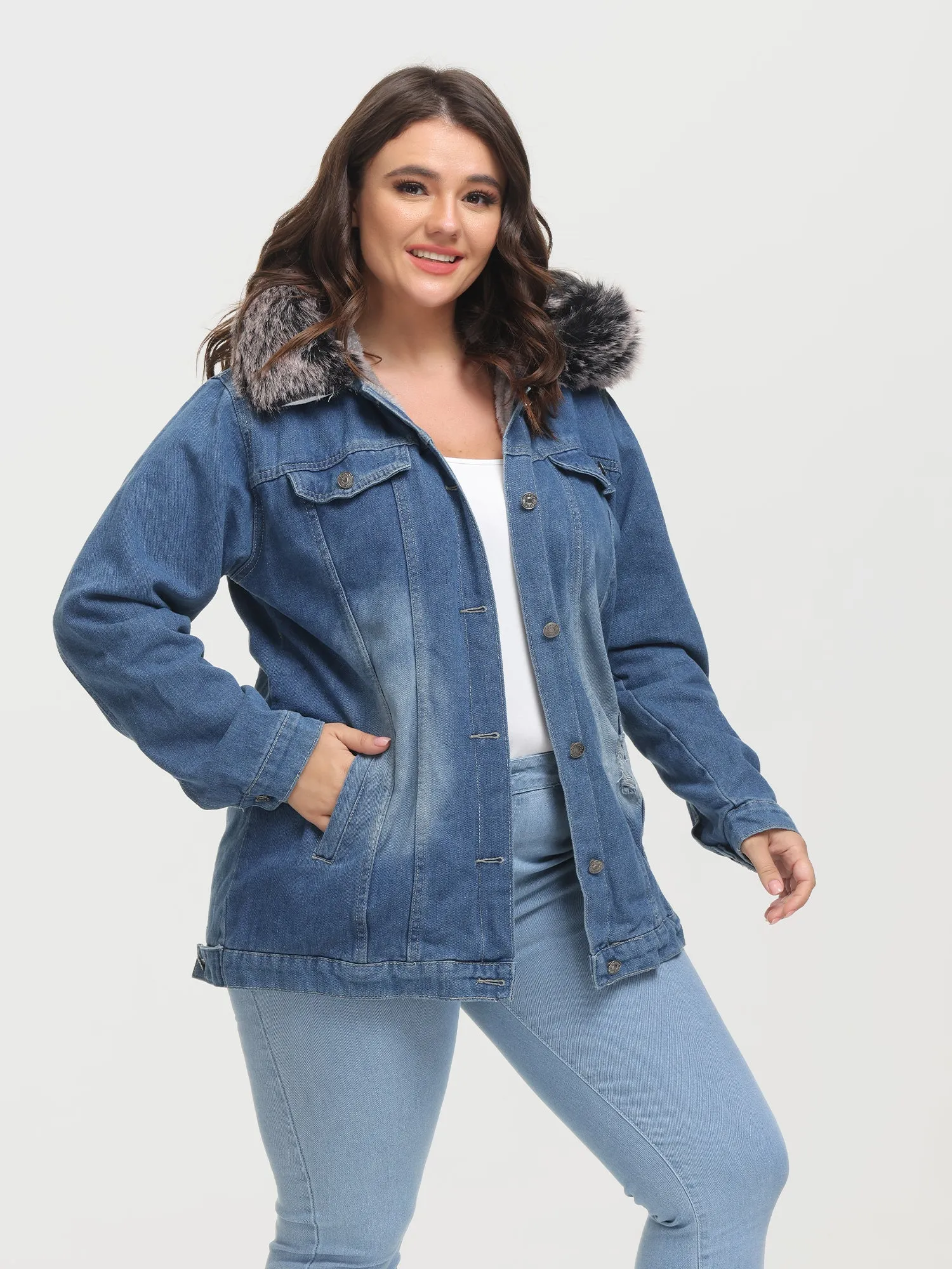 Midsize Button Plush Hooded Denim Jacket