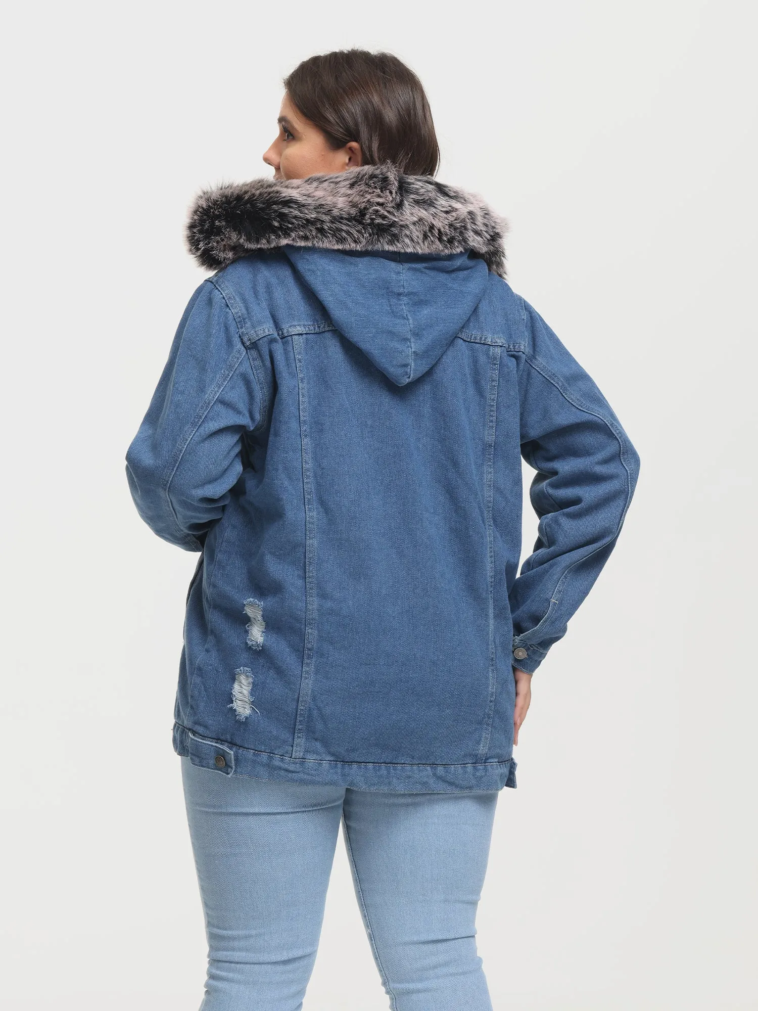 Midsize Button Plush Hooded Denim Jacket
