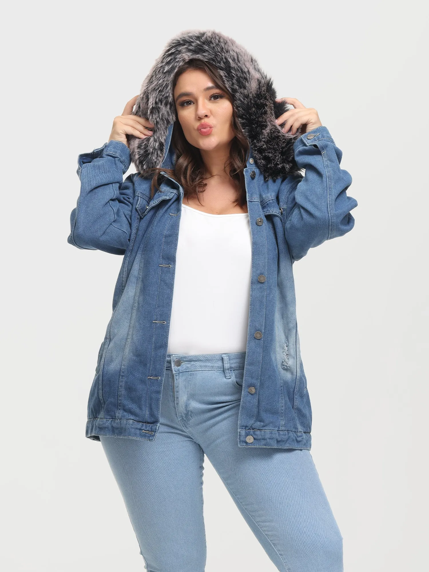 Midsize Button Plush Hooded Denim Jacket