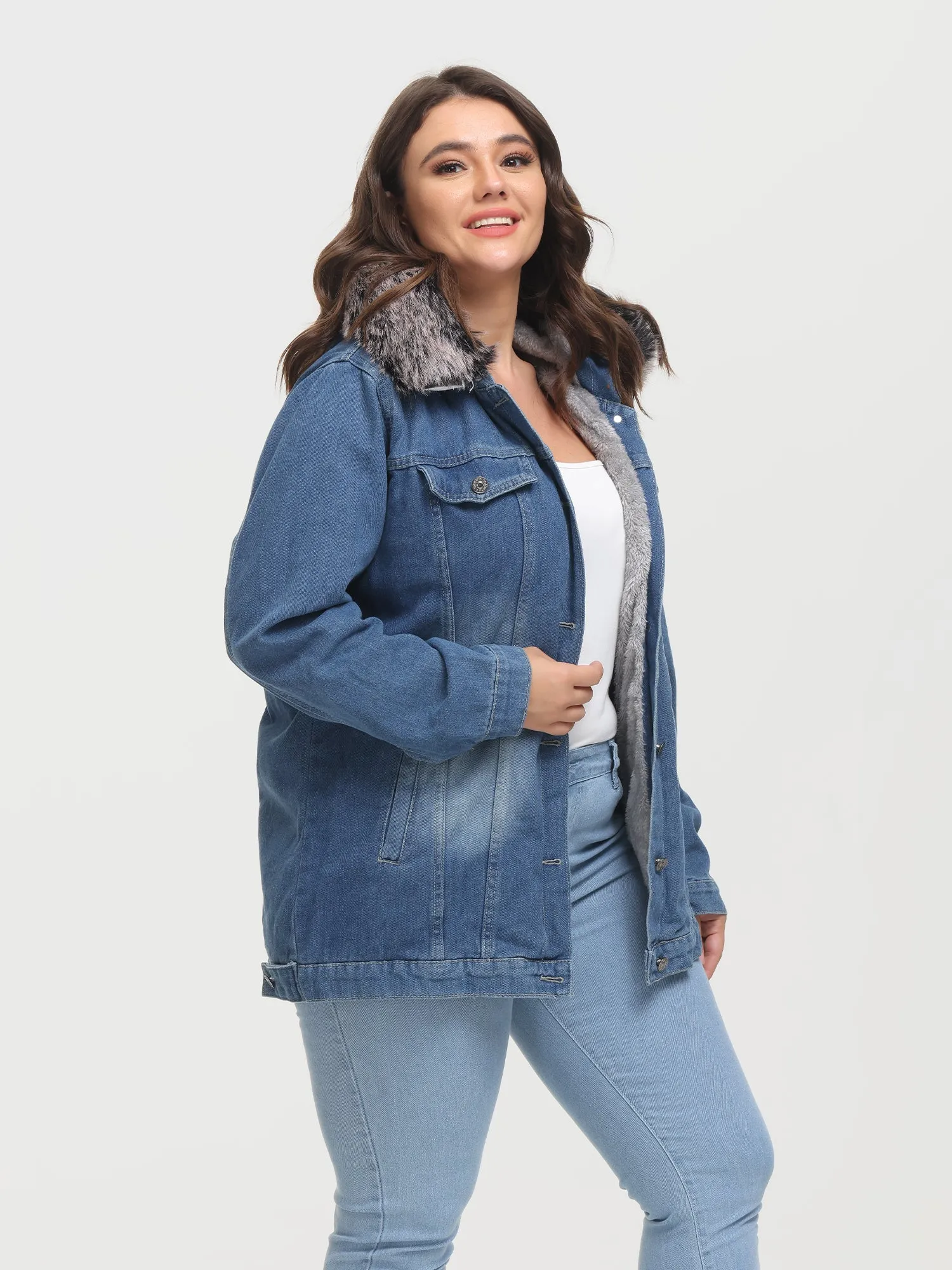 Midsize Button Plush Hooded Denim Jacket