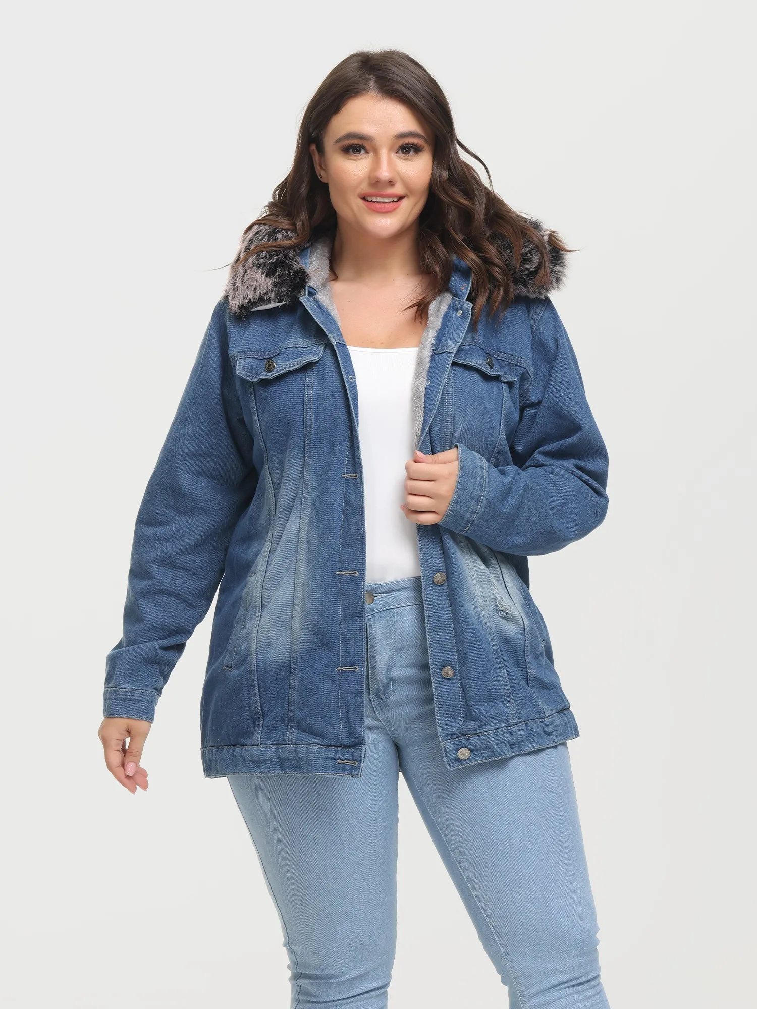 Midsize Button Plush Hooded Denim Jacket