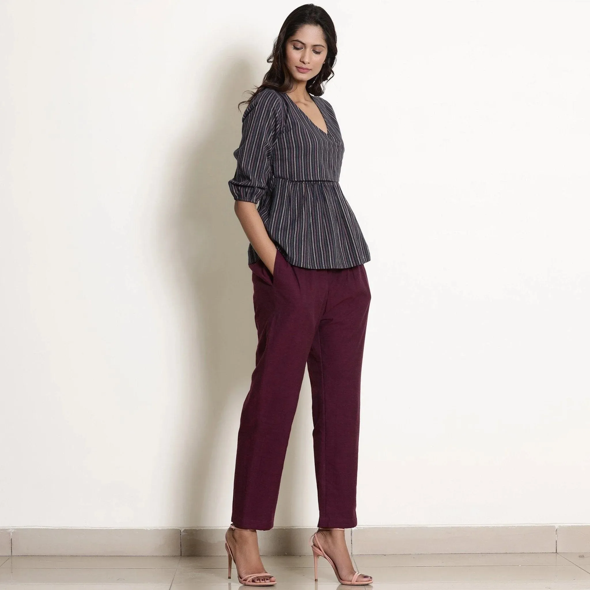 Navy Blue Striped Cotton Back Tie Up Wrap Top