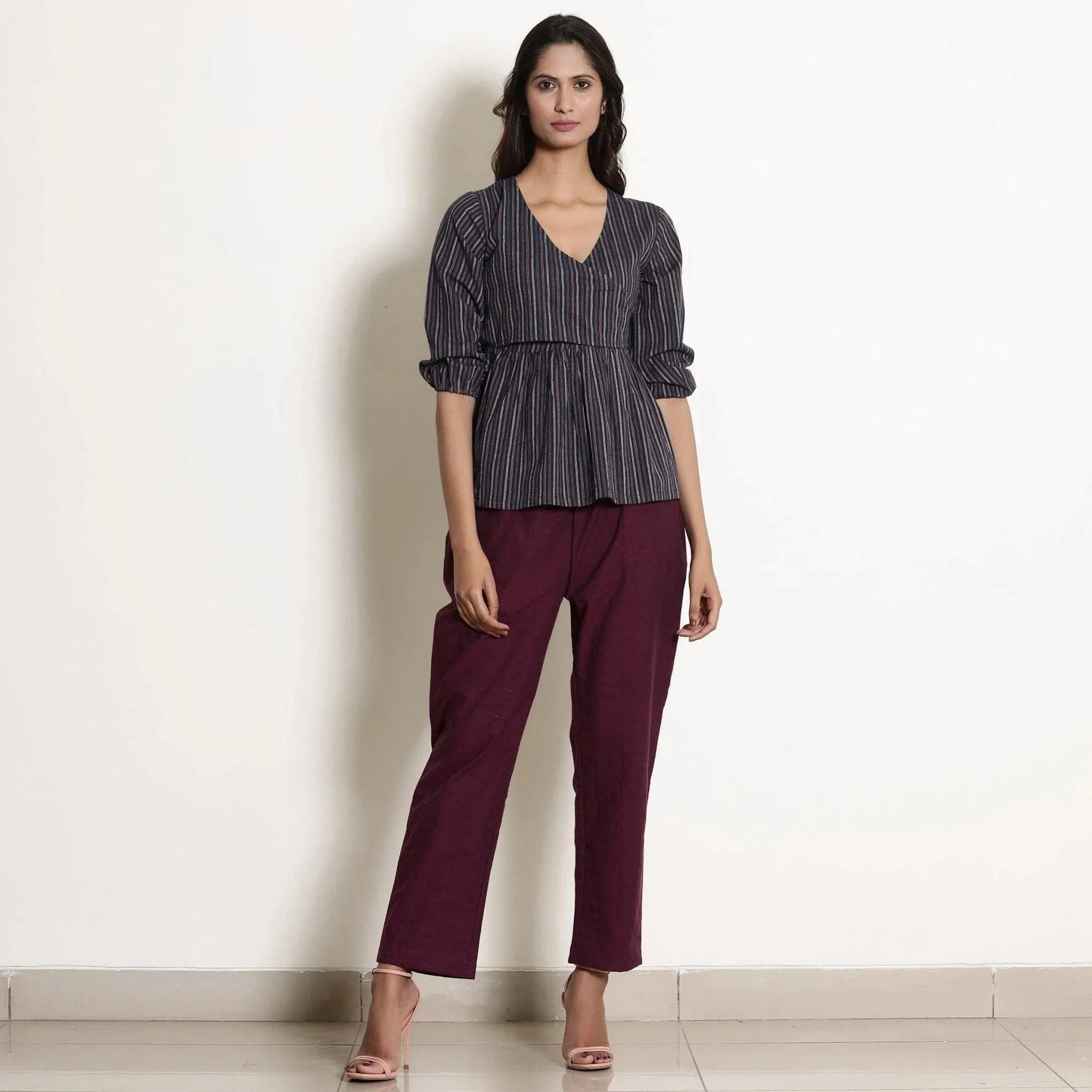 Navy Blue Striped Cotton Back Tie Up Wrap Top