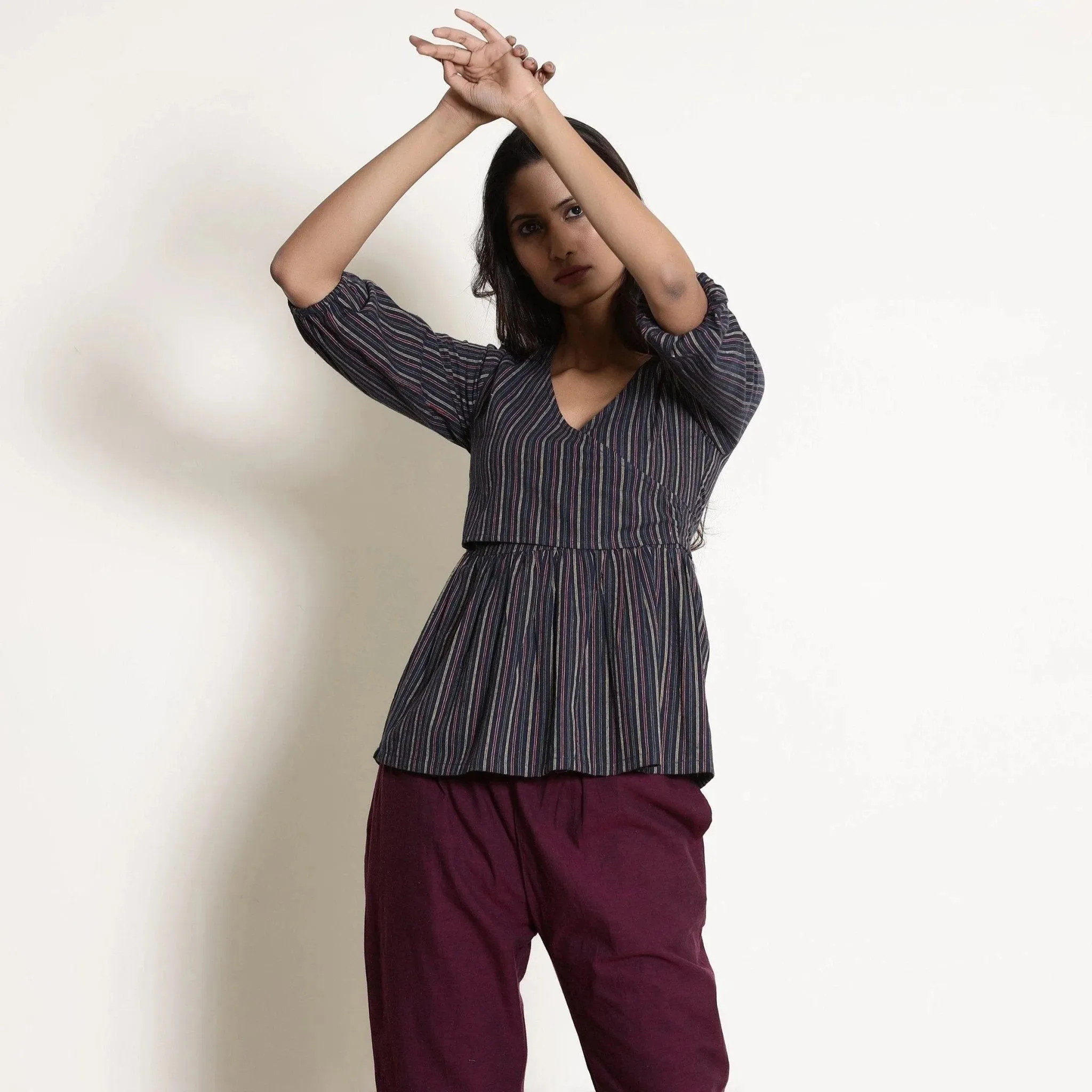 Navy Blue Striped Cotton Back Tie Up Wrap Top