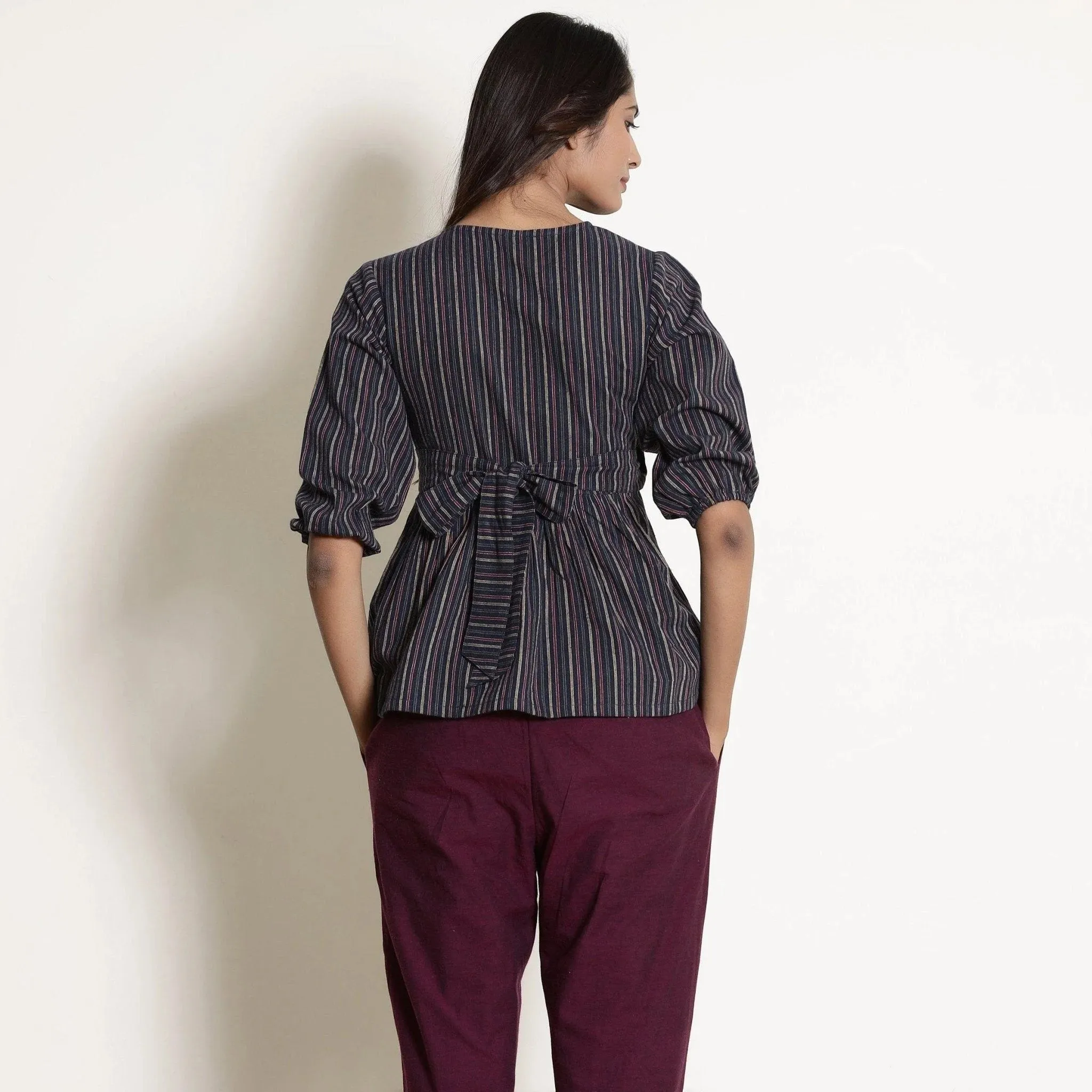 Navy Blue Striped Cotton Back Tie Up Wrap Top