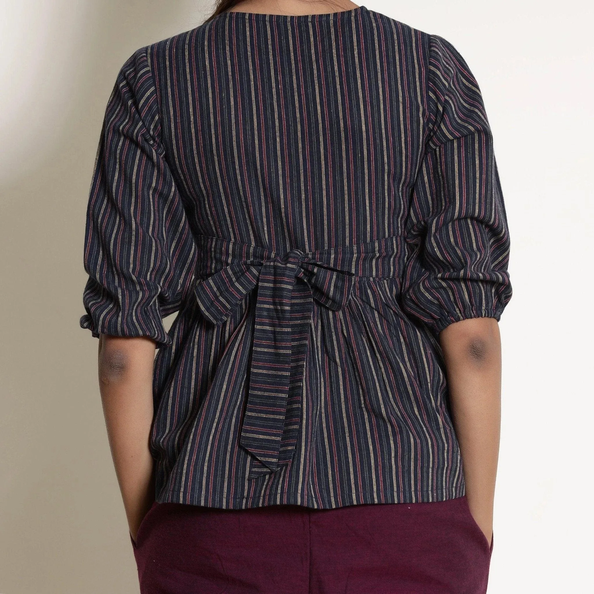 Navy Blue Striped Cotton Back Tie Up Wrap Top