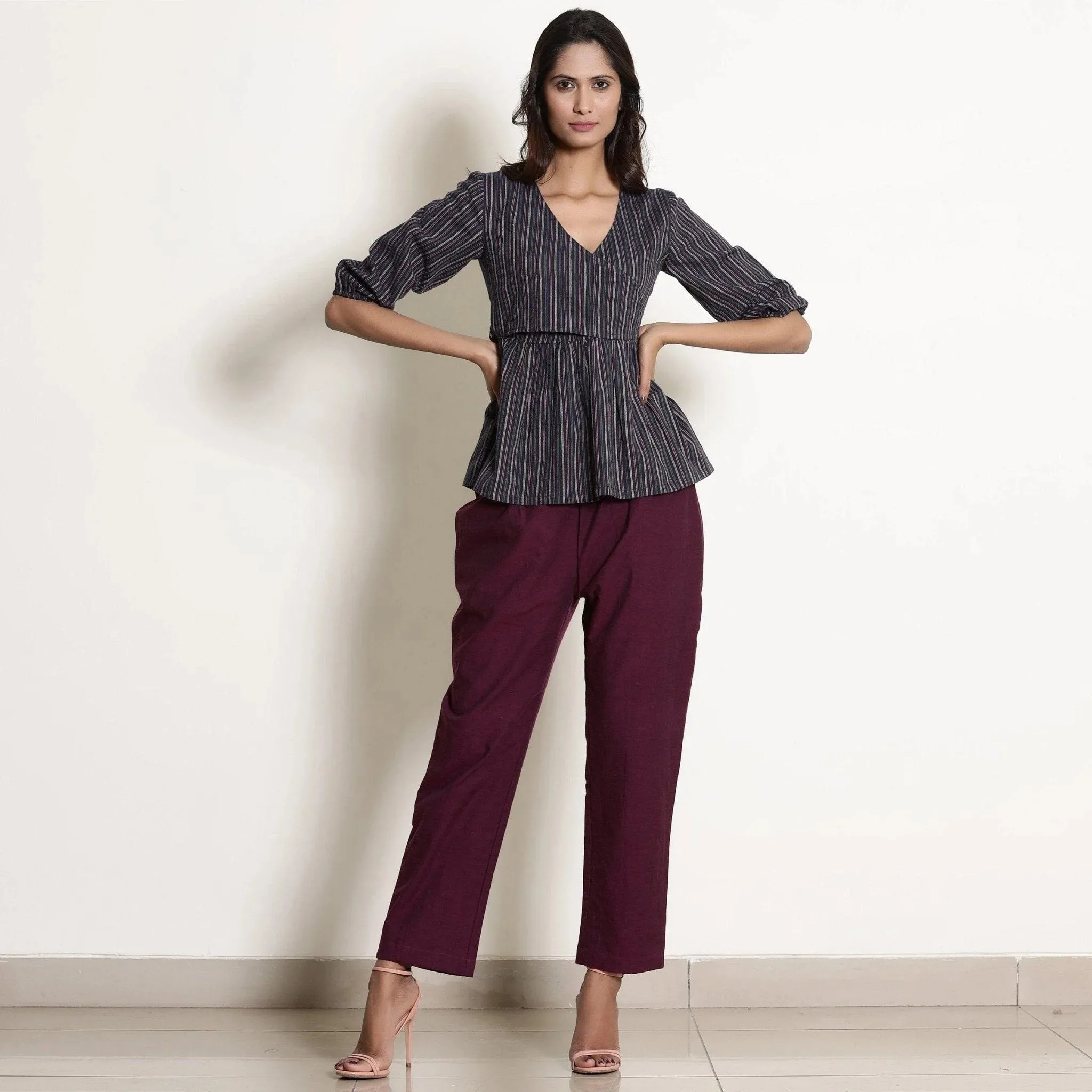 Navy Blue Striped Cotton Back Tie Up Wrap Top