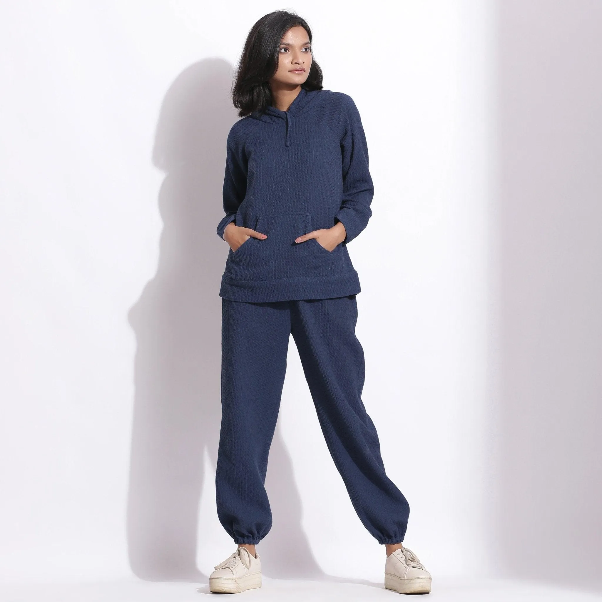 Navy Blue Warm Cotton Waffle Hoodie Sweatshirt
