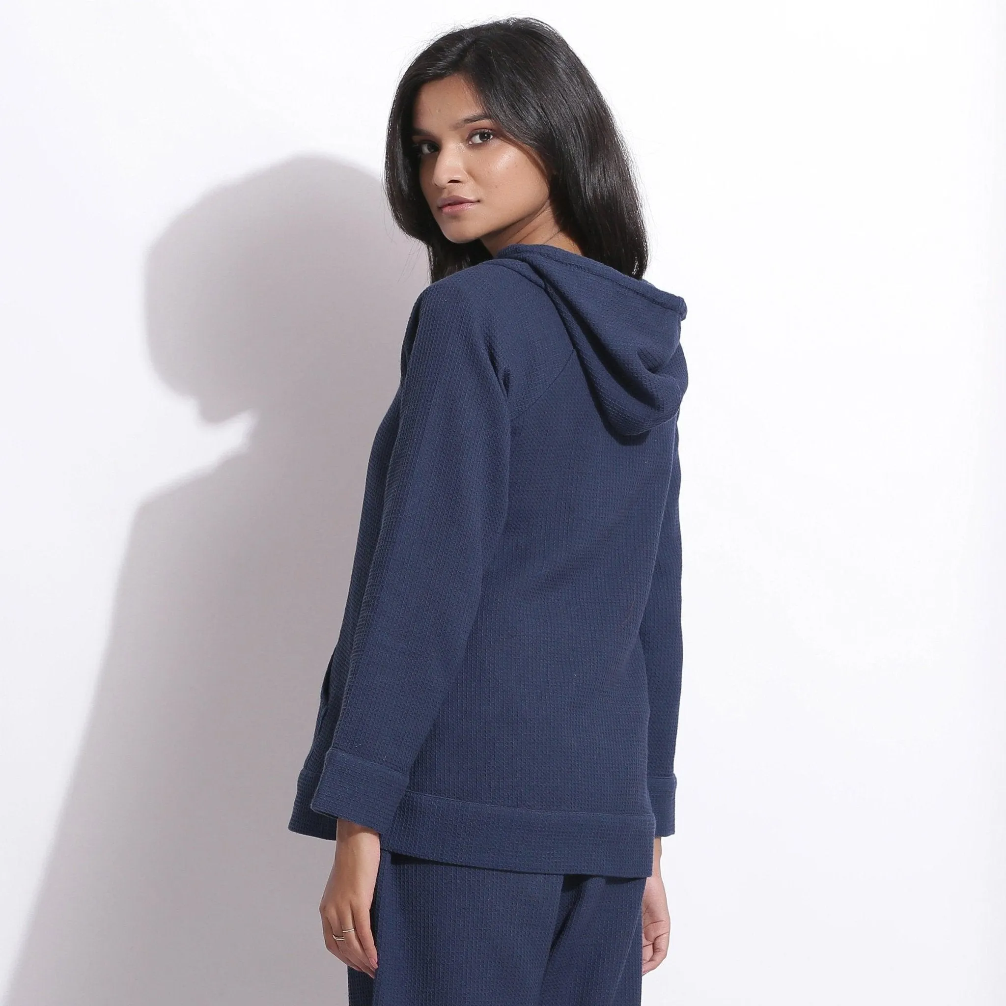 Navy Blue Warm Cotton Waffle Hoodie Sweatshirt