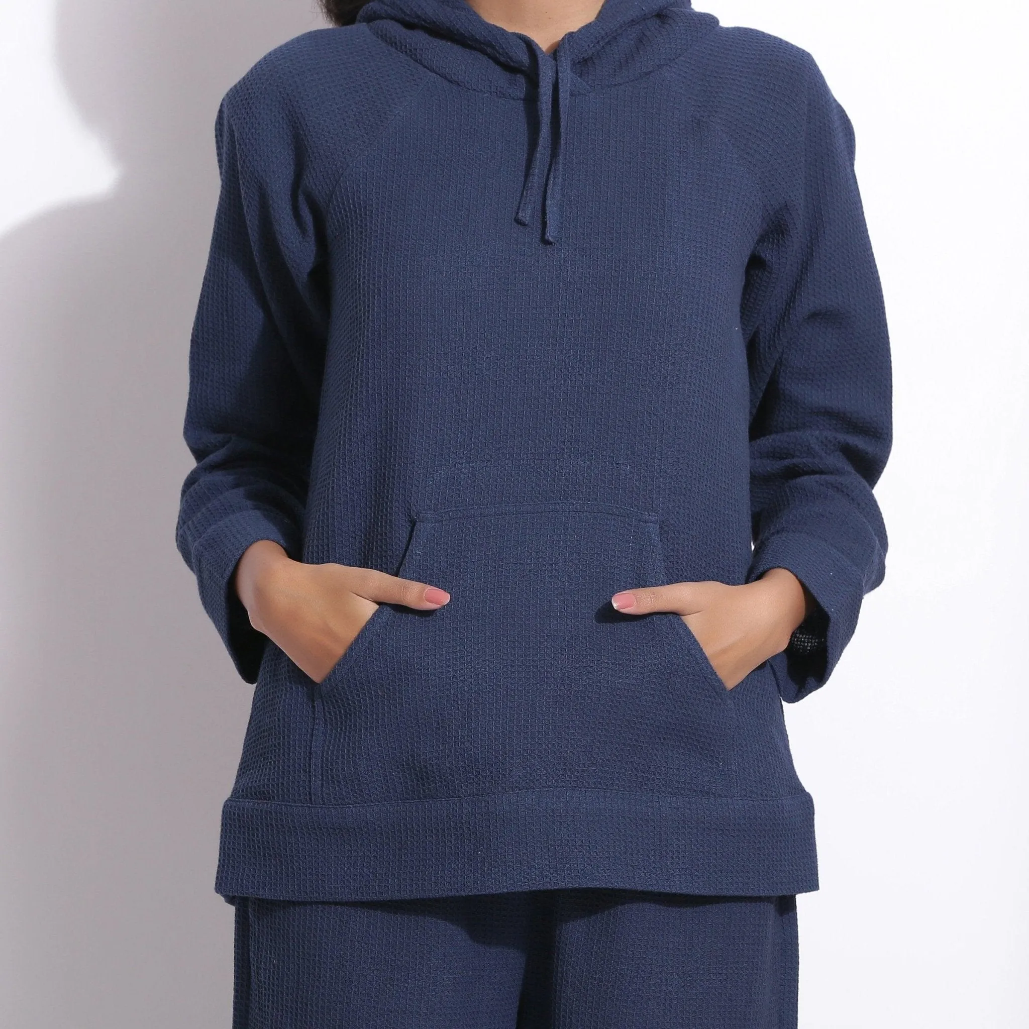 Navy Blue Warm Cotton Waffle Hoodie Sweatshirt